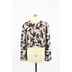 ALC Grey Leaf Print 100% Cashmere Knit Cropped Bell Sleeve Sweater, Size S